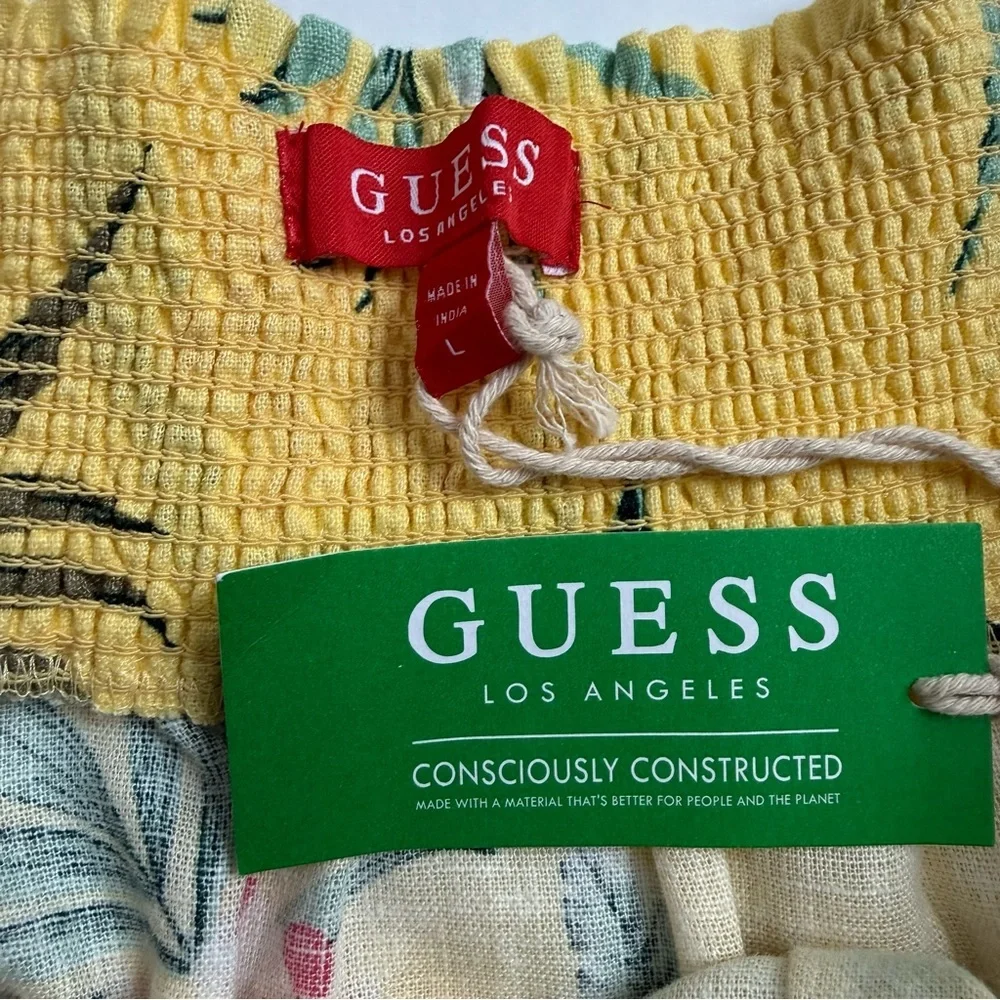 Guess Los Angeles Floral Off Shoulder Crop Top Smocked Yellow Size L NWT